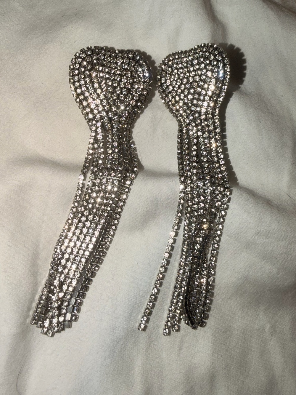 Zara Silver Rhinestone Heart Earrings with Fringe